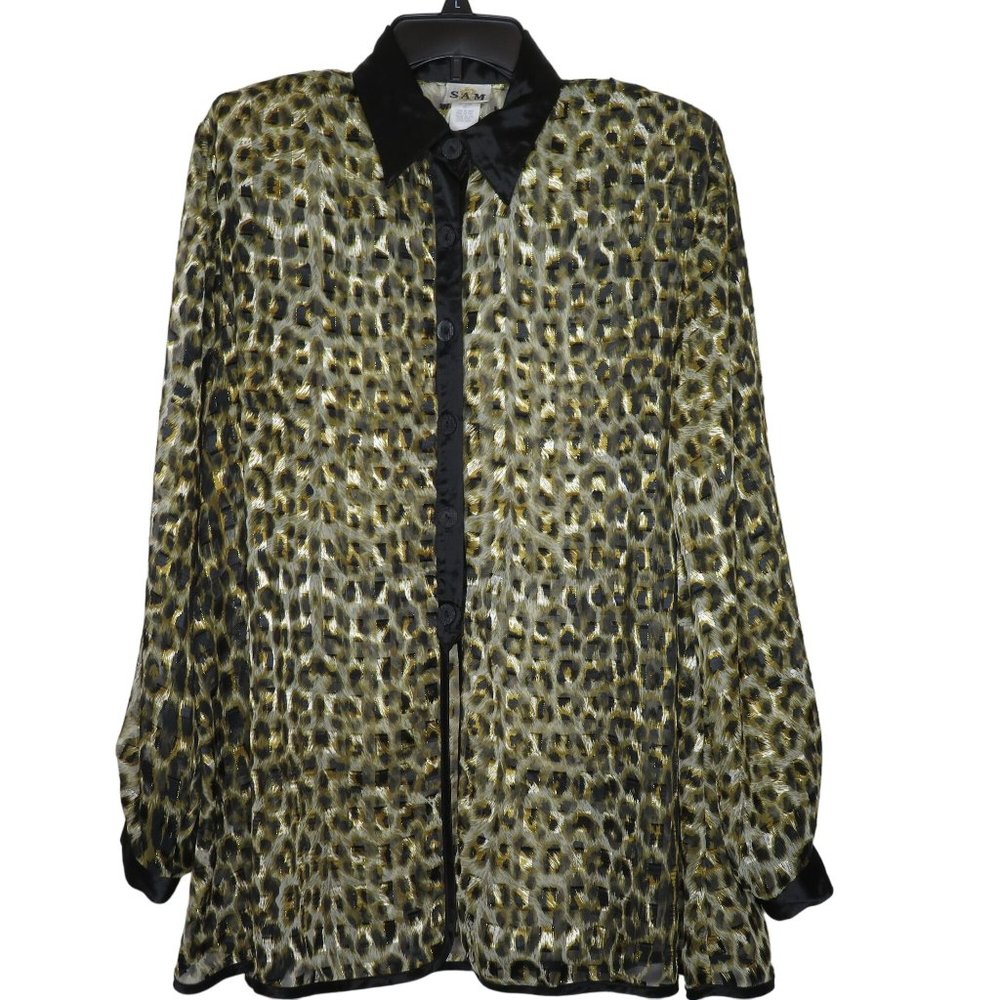 Vintage 70s Sheer Animal Print Tunic Shirt Blouse M Shoulder Pads Long Sleeve US